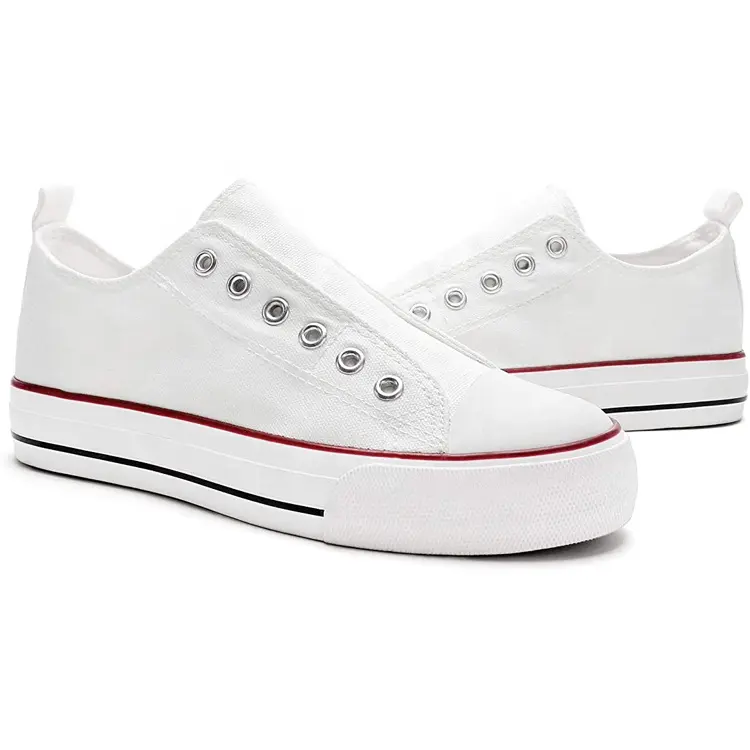 Factory Wholesale Cheap Fashion Custom Logo Simple Style Slip On Unisex Women White Canvas Shoes Featured Image